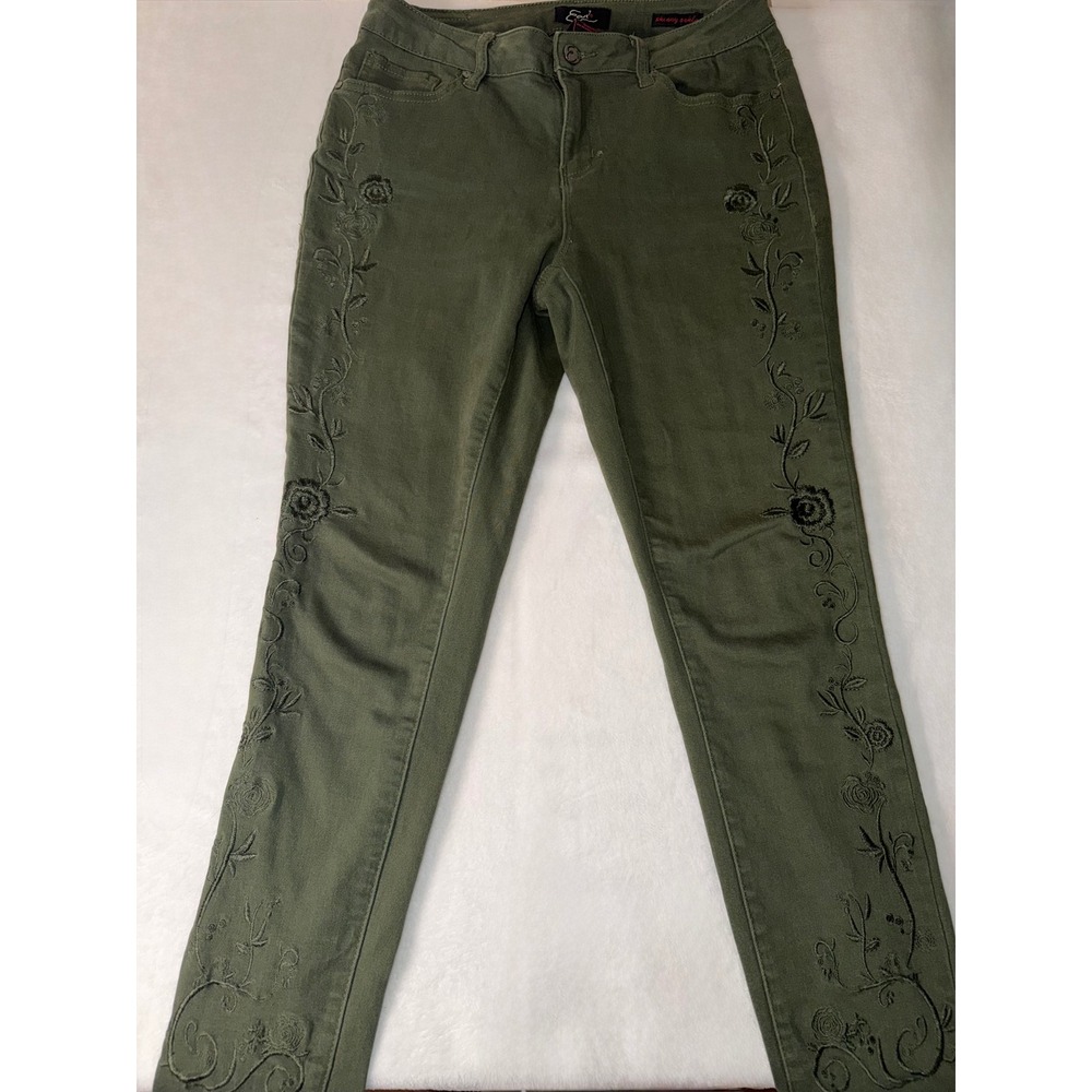 Earl Jean Womens Olive Green Floral Embroidered Skinny Ankle Pants Size 10 - Picture 5 of 12